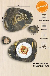 Valerine Life Hindistan Cevizi Yaprağı Amerikan Deri Kaymaz Yıkanabilir Servis Tabak Altlığı 12 Parça 6 Kişilik