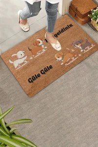 Valerine Life İkili Sevimli Yavru Köpekler Hoş Geldiniz ve Güle Güle Kapı Önü Paspası 45x70cm