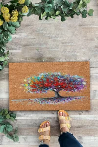 Valerine Life Renkli Yaşam Ağacı Kahverengi Welcome Hoş Geldiniz Kapı Önü Paspası 45x70cm