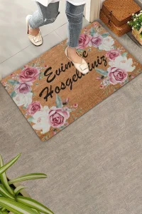 Valerine Life Kırmızı Beyaz Çelenk Gülleri Welcome Kapı Önü Paspası 45x70cm