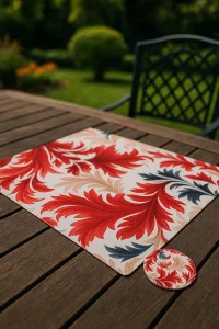 Valerine Life Kırmızı Yaprak Desenli Amerikan Deri Kaymaz Yıkanabilir Servis Altlığı 12 Parça 6 Kişilik