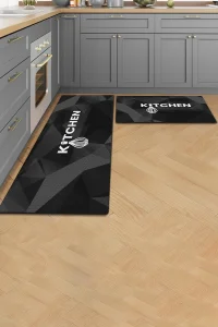 Valerine Life Kitchen Siyah Mutfak Matı Halısı Yıkanır Kaymaz Taban Tezgah Önü Paspası İkili Set