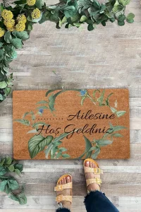 Valerine Life Mavi Papatya Yaprak Kişiye, İsme ve Aileye Özel Hoş Geldiniz Kapı Önü Paspası 45x70cm