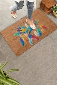 Valerine Life Nakış Desenli Kuş ve Renkli Tüyler Welcome Kapı Önü Paspası 45x70cm