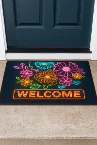 Valerine Life Neon Papatya Çiçekleri Kaymaz Tabanlı Hoş Geldiniz Welcome Kapı Önü Paspası 45x70cm