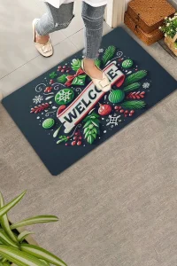 Valerine Life Noel Yılbaşı Topları ve Yeşil Yapraklar Welcome Kapı Önü Paspası 45x70cm