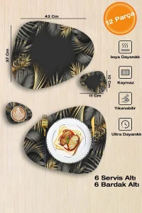 Valerine Life Palmiye Yaprak Çerçeve Gri Amerikan Deri Kaymaz Yıkanabilir Servis Tabak Altlığı 12 Parça 6 Kişilik