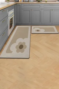 Valerine Life Papatyalı Krem Rengi Mutfak Matı Halısı Yıkanır Kaymaz Taban Tezgah Önü Paspası İkili Set