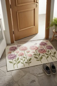 Valerine Life İplikten Düşler Nakışlı Şakayık Çiçekler Welcome Hoş Geldiniz Dijital Baskı Kapı Önü Paspası 45x70cm