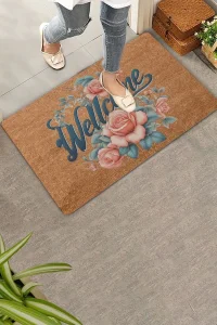 Valerine Life Sarmaşık Pembe Güller Welcome Kapı Önü Paspası 45x70cm