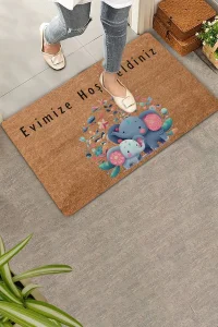 Valerine Life Sevimli Yavru Filler ve Çiçekler Evimize Hoş Geldiniz Kapı Önü Paspası 45x70cm