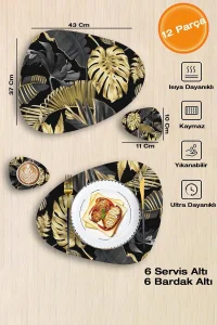 Valerine Life Tropikal Gold Siyah Yaprak Amerikan Deri Kaymaz Yıkanabilir Servis Tabak Altlığı 12 Parça 6 Kişilik