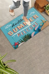 Valerine Life Hello Summer Merhaba Yaz Mavi Renkli Welcome Hoş Geldiniz Kapı Önü Paspası 45x70cm