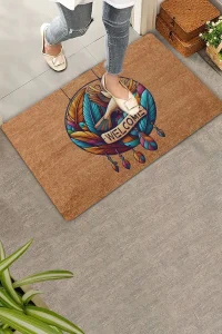 Valerine Life Tüy ve Kuş Çemberi Oyma Yazılı Welcome Kapı Önü Paspası 45x70cm