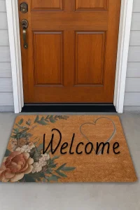 Valerine Life Vintage Kahverengi Zambak ve Kalp Kaymaz Hoş Geldiniz Welcome Kapı Önü Paspası 45x70cm