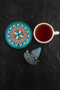 Valerine Life Yeşil Mandala Papatyalı Yıkanabilir Kaydırmaz Ofis Çay ve Fincan Bardak Altlığı 10x10cm 6 Adet