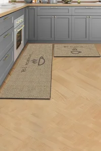 Valerine Life Bi Kahve Fincanlı Krem Rengi Mutfak Matı Halısı Yıkanır Kaymaz Taban Tezgah Önü Paspası İkili Set