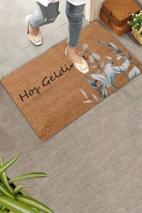 Valerine Life Zarif Gri Beyaz Yapraklar Hoş Geldiniz Kapı Önü Paspası 45x70cm