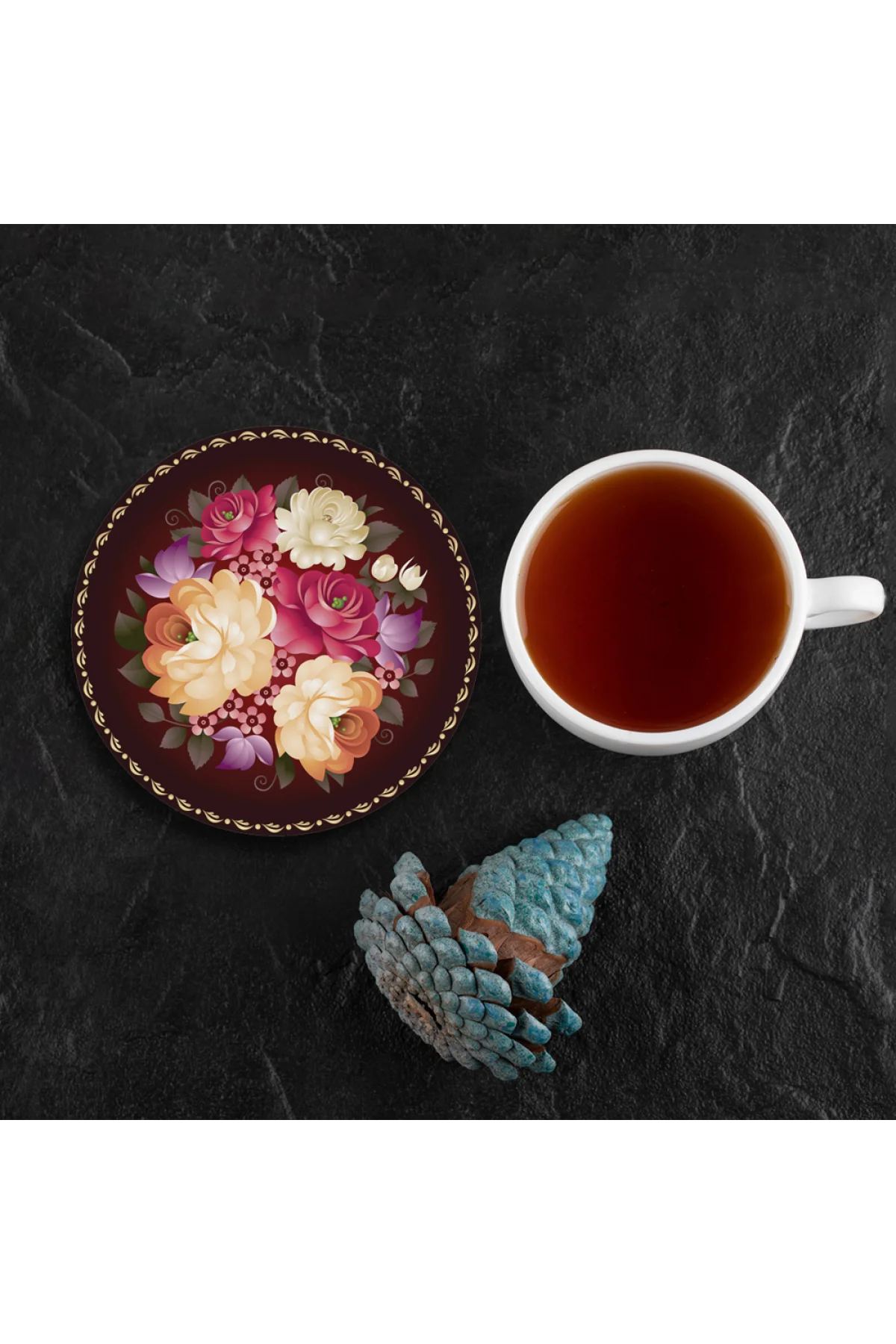 Valerine Life Sarı Pembe Gül Desenli Yıkanabilir Kaydırmaz Ofis Çay ve Fincan Bardak Altlığı 10x10cm 6 Adet