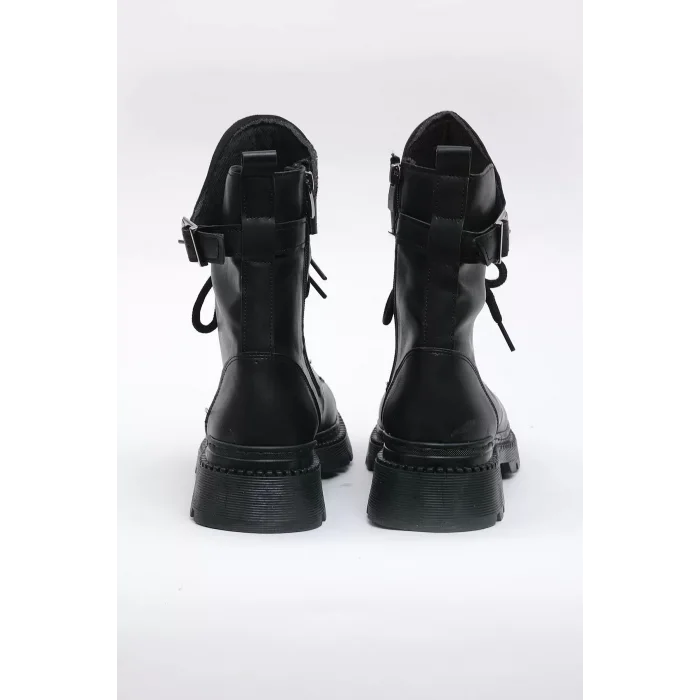 Kelly Bağcıklı Tokalı İçten Fermuarlı Vegan Deri Termal Yarım Bot 45028