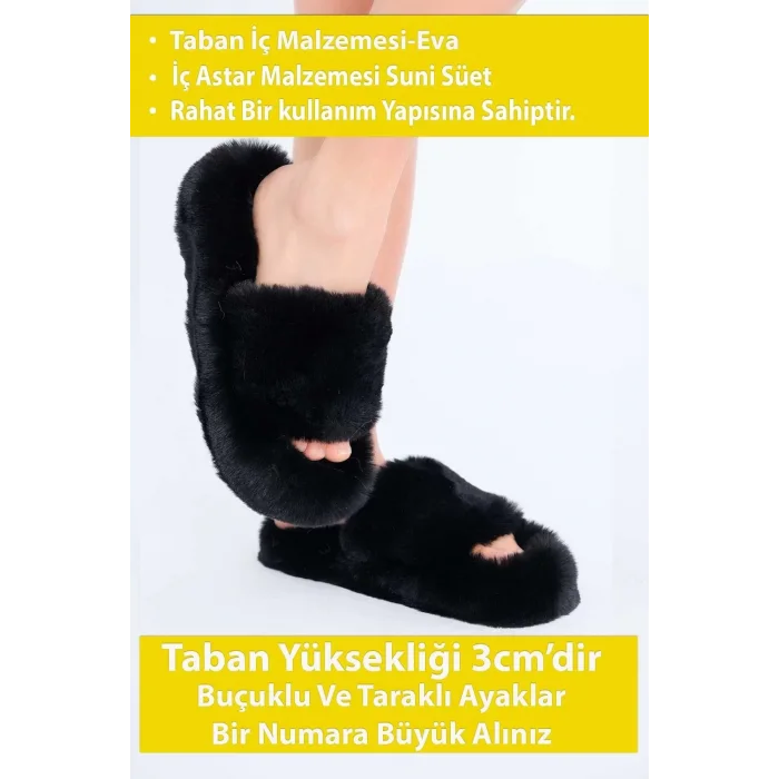 Supermark İthal Peluş Tüylü Termo Kauçuk Kaymaz Taban Çeyizlik Siyah Kadın Ev Terliği 45009