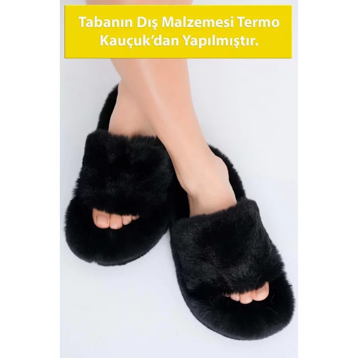 Supermark İthal Peluş Tüylü Termo Kauçuk Kaymaz Taban Çeyizlik Siyah Kadın Ev Terliği 45009