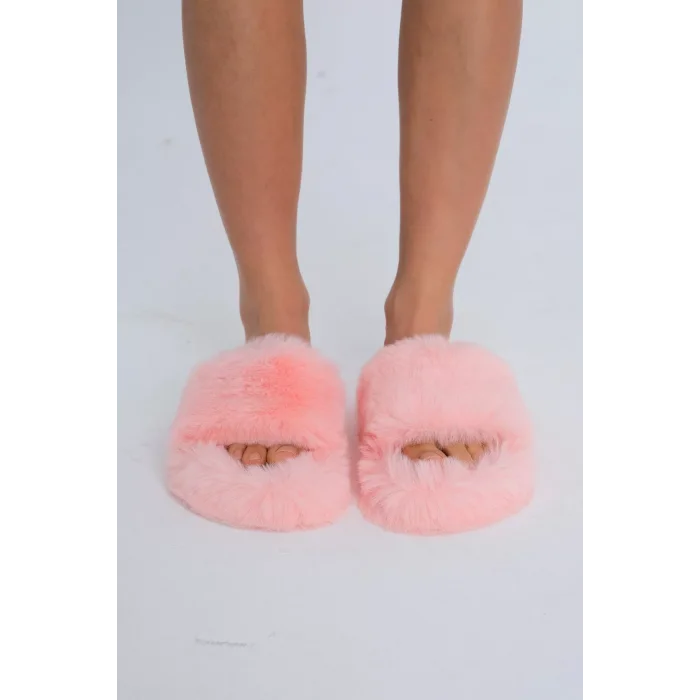 Supermark İthal Peluş Tüylü Termo Kauçuk Kaymaz Taban Çeyizlik Kadın Ev Terliği Pembe 45011
