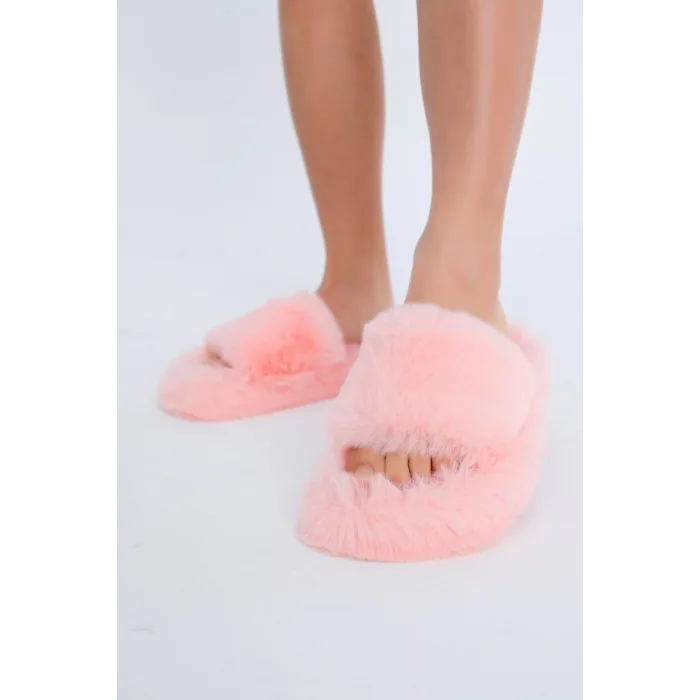 Supermark İthal Peluş Tüylü Termo Kauçuk Kaymaz Taban Çeyizlik Kadın Ev Terliği Pembe 45011