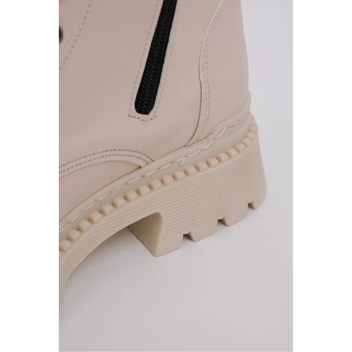 Mery Bağcıklı İçten Fermuarlı Vegan Deri Termal Krem Rengi Kauçuk Bot 45026