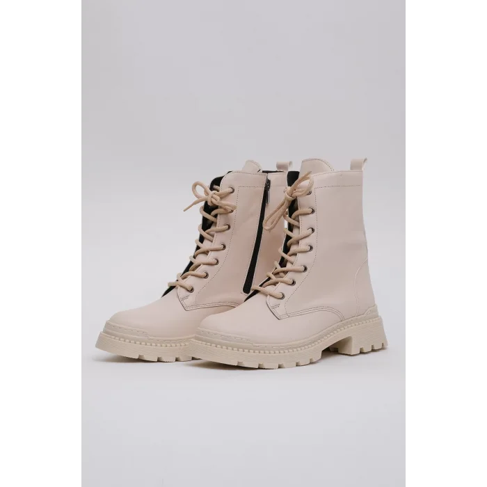 Mery Bağcıklı İçten Fermuarlı Vegan Deri Termal Krem Rengi Kauçuk Bot 45026