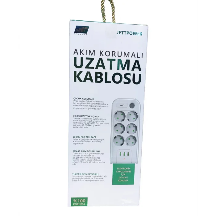 MF Product Jettpower Akım Korumalı 3 USB’li 6’lı Grup Priz 2 m Uzatma Kablosu Beyaz
