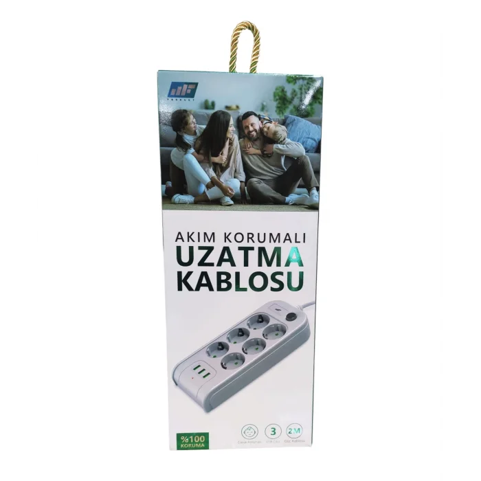 MF Product Jettpower Akım Korumalı 3 USB’li 6’lı Grup Priz 2 m Uzatma Kablosu Beyaz