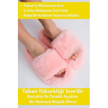 Supermark İthal Peluş Tüylü Termo Kauçuk Kaymaz Taban Çeyizlik Kadın Ev Terliği Pembe 45011
