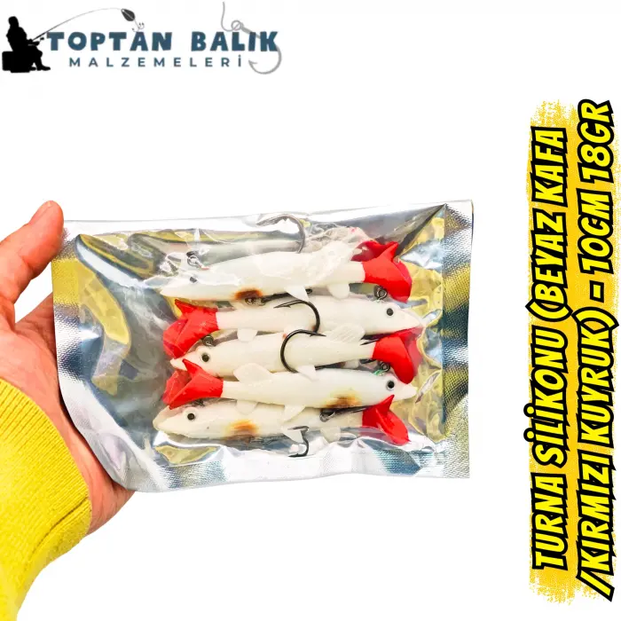 Fırsat Paketi: Turna Silikonu 10cm 18gr - Beyaz Kafa Kırmızı Kuyruk (5’li Set)