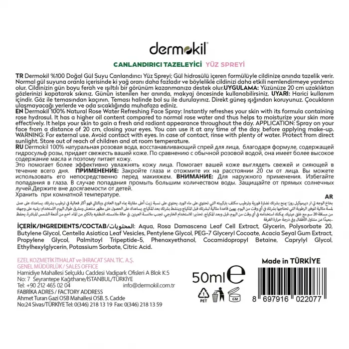 Dermokil %100 Doğal Gül Suyu Sprey 50 ml