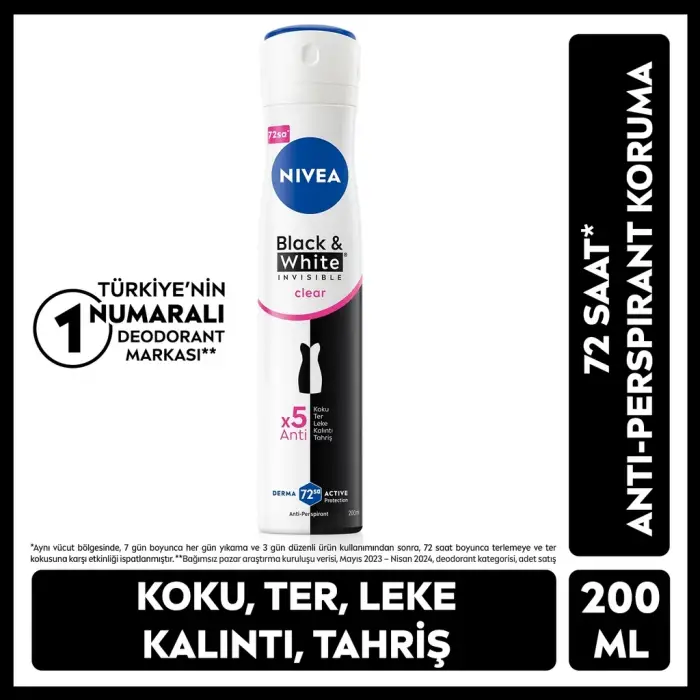 Nivea Black & White Invisible Clear Kadın Sprey Deodorant 200 ml