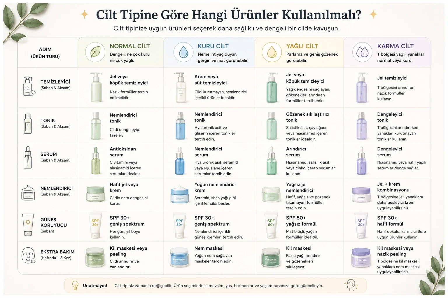Normal, kuru, yağlı ve karma cilt tipine göre temizleyici, serum, nemlendirici ve güneş koruyucu seçimi