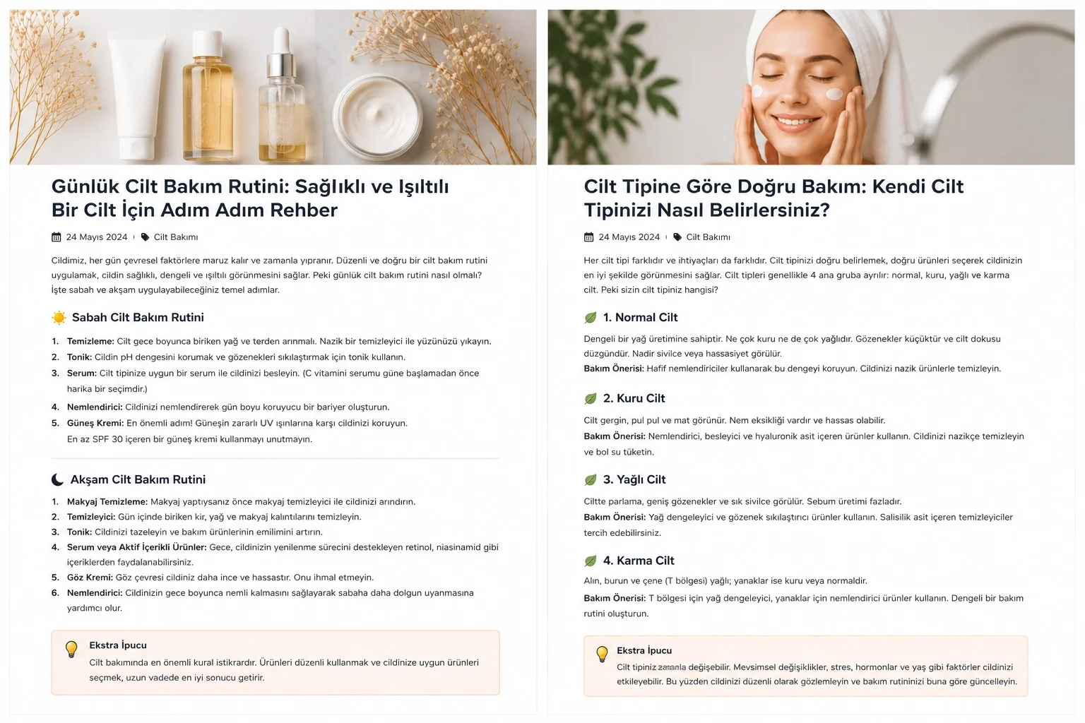Normal, kuru, yağlı ve karma cilt tiplerinin temel özelliklerinin karşılaştırılması