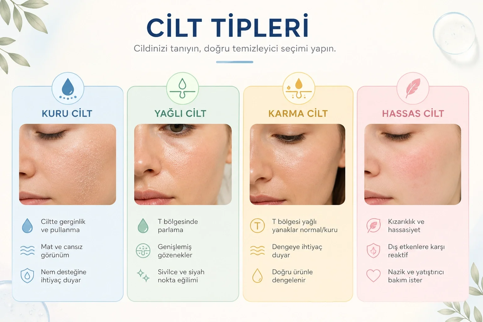 Kuru, yağlı, karma ve hassas cilt tipine göre yüz temizleyici seçimi