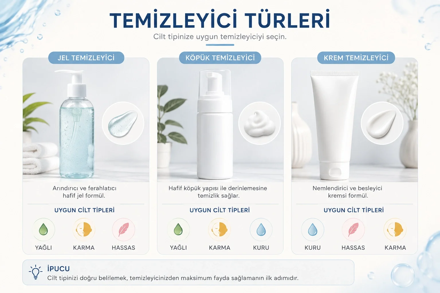 Jel, köpük ve krem yüz temizleyici türlerinin karşılaştırılması