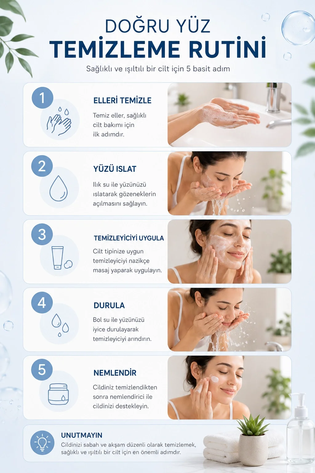 Yüz temizleme jelinin doğru kullanım adımlarını gösteren infografik