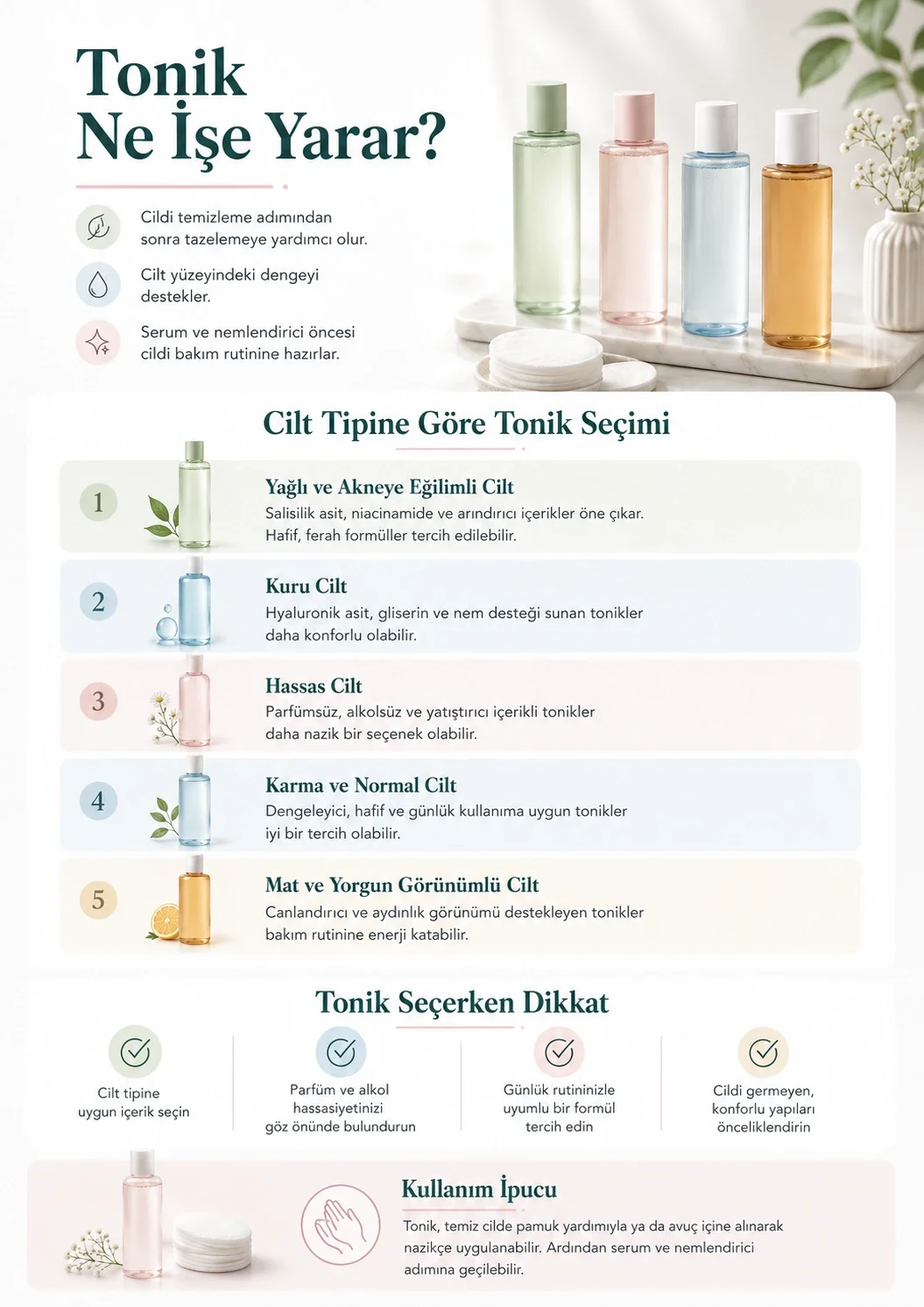 Yağlı, kuru, hassas, karma ve normal ciltler için tonik seçimi infografiği