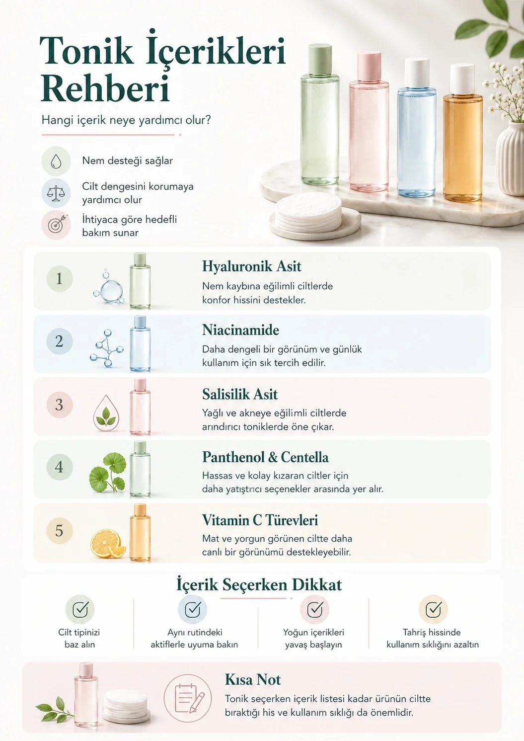 Hyaluronik asit, niacinamide, salisilik asit, panthenol, centella ve C vitamini içeren tonikler rehberi