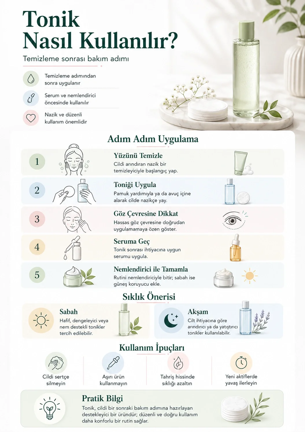 Toniğin temizleme sonrasında nasıl kullanılacağını gösteren adım adım uygulama infografiği