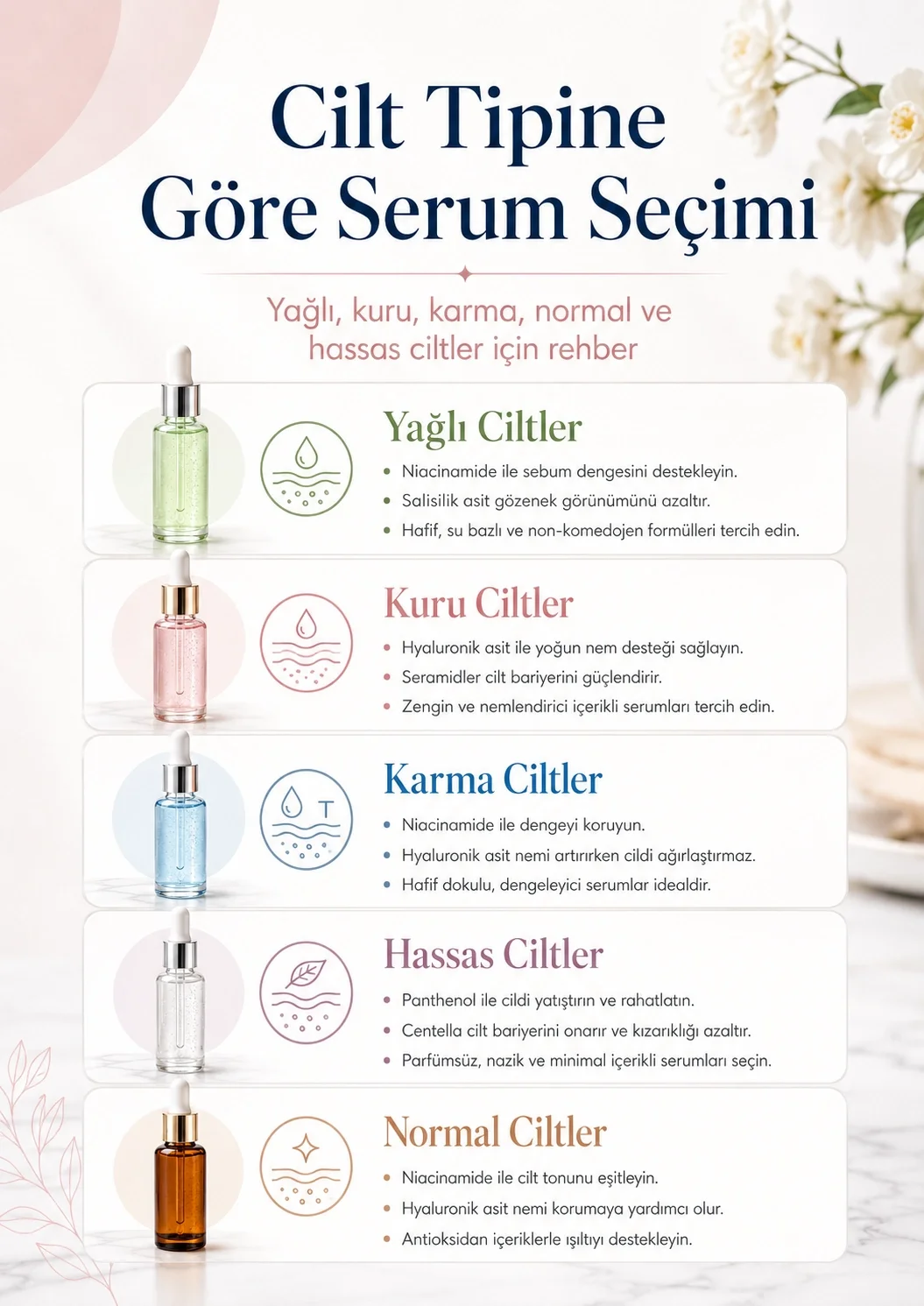 Yağlı, kuru, karma, normal ve hassas ciltler için yüz serumu seçimi infografiği