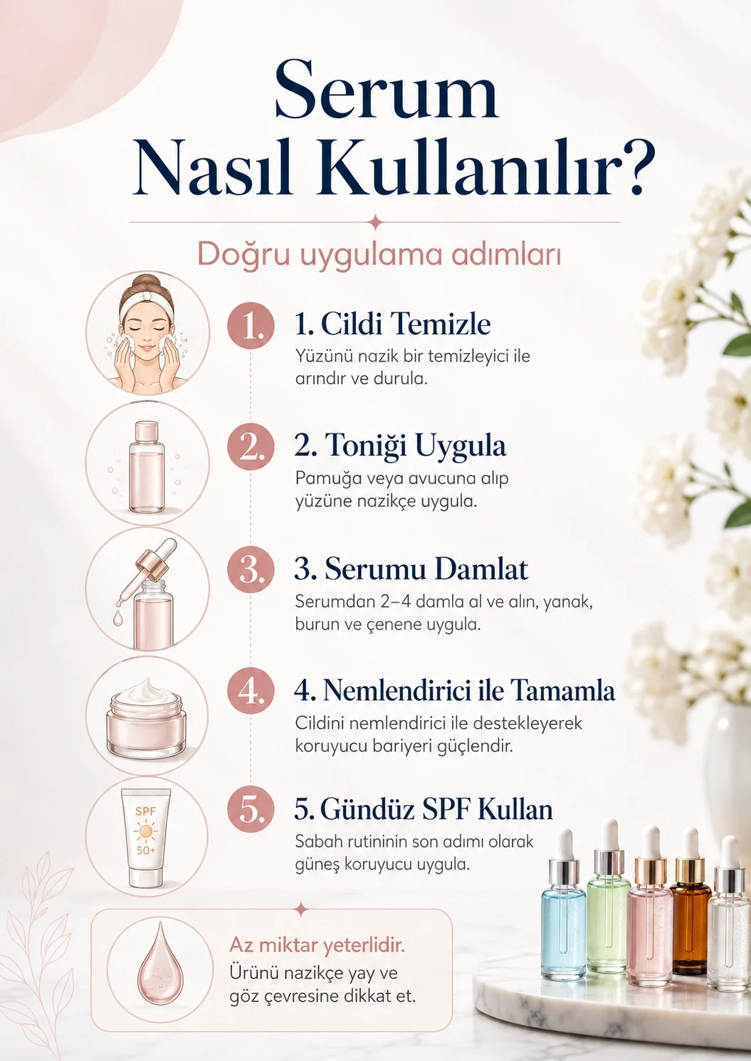 Yüz serumunun temizleme, tonik, serum, nemlendirici ve güneş koruyucu sırasıyla kullanımını gösteren infografik
