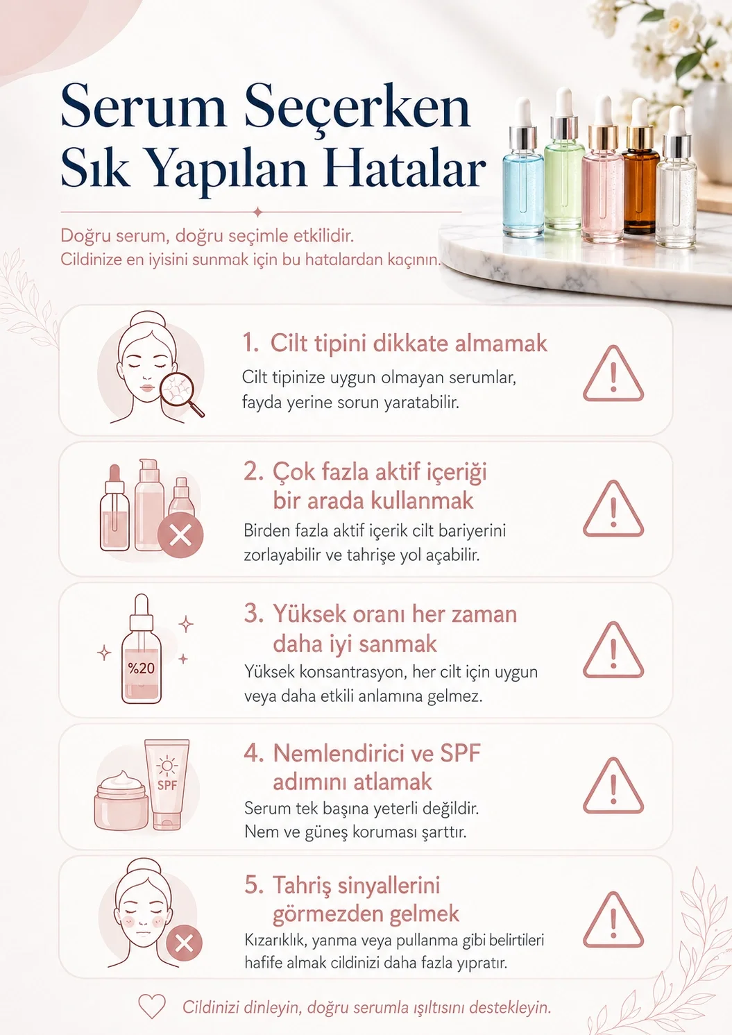Yüz serumu seçerken cilt tipini önemsememek ve çok fazla aktif kullanmak gibi sık yapılan hatalar