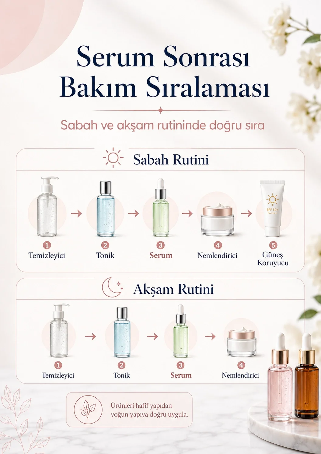 Sabah ve akşam rutininde serum sonrası nemlendirici ve güneş koruyucu sıralaması