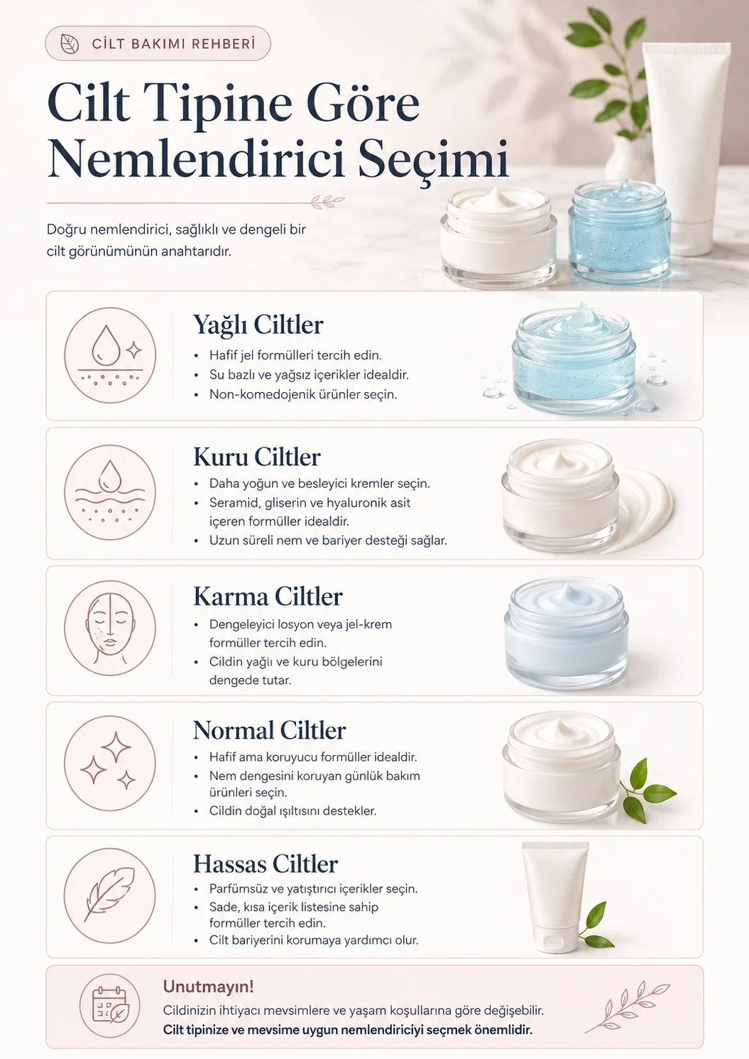 Yağlı, kuru, karma, normal ve hassas ciltler için nemlendirici seçimi infografiği