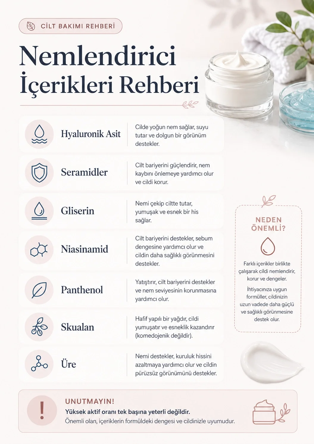 Hyaluronik asit, seramid, gliserin, niacinamide, panthenol, skualan ve üre içeren nemlendiriciler rehberi